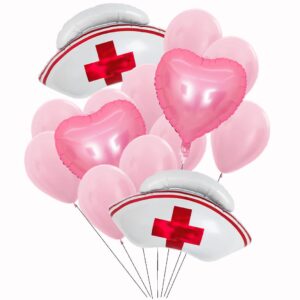 schaan 14pcs nurse cap & heart balloons, nursing school graduation party decorations, reusable, professional design, includes 10m ribbon & inflatable straw