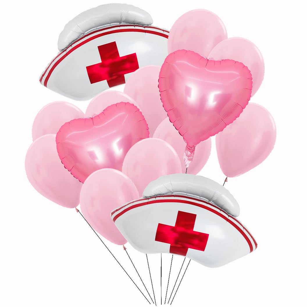 ScHaan 14pcs Nurse Cap & Heart Balloons, Nursing School Graduation Party Decorations, Reusable, Professional Design, Includes 10m Ribbon & Inflatable Straw