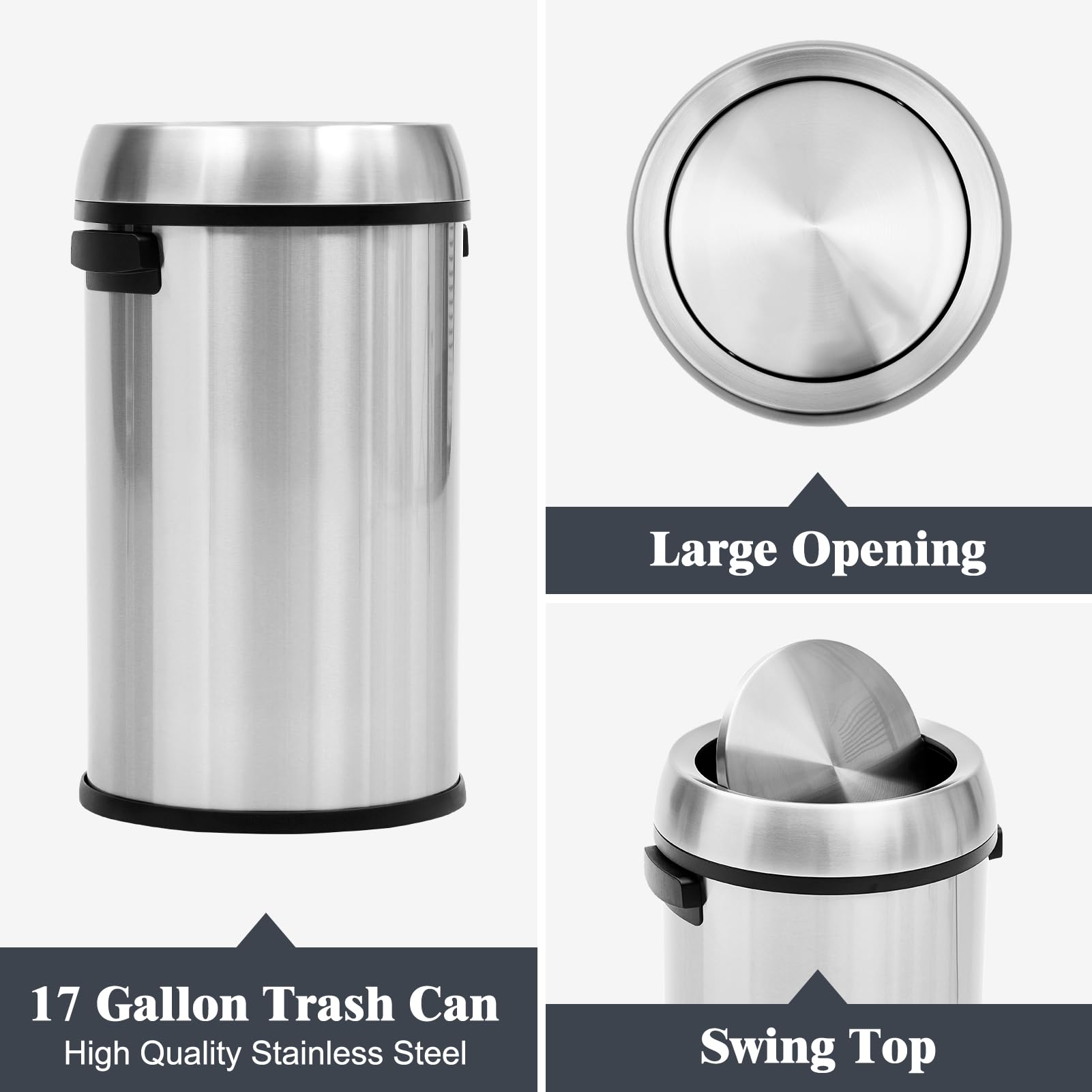 GlowSol 17 Gallon Large Capacity Kitchen Trash Can with Swing Lid, Commercial Trash Can, Heavy Duty Brushed Stainless Steel Garbage Can, 65 Liter, Suitable for Kitchen Outdoor Office