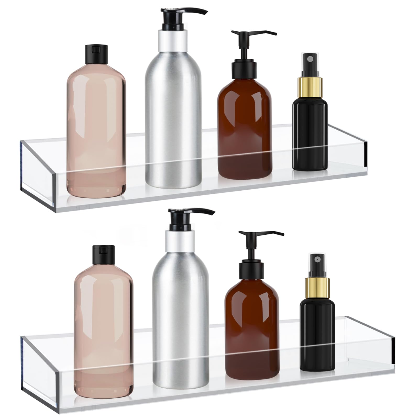 ClarityCraze 2 Pack Acrylic Bathroom Shelves, Clear Acrylic Shower Caddy Organizer, 15" Invisible Floating Shelves for Book/Figures/Photo/Makeup in Bathroom, Living Room, Bedroom, Kitchen