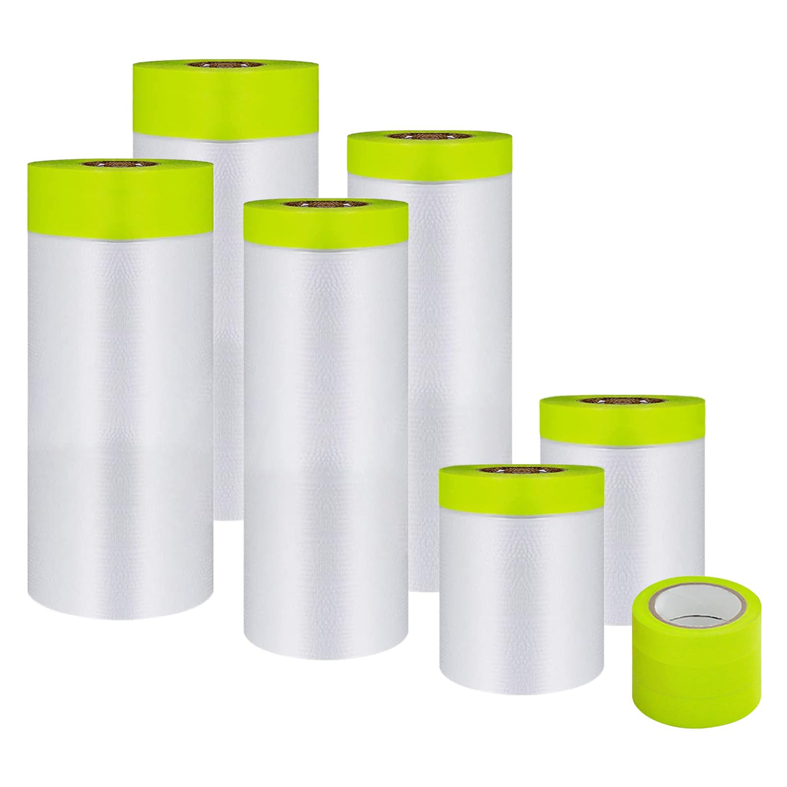 Yudahgan Pre-Taped Masking Film- Assorted Size Tape and Drape Painters Plastic Rolls, Plastic Painting Film for Automotive Painting Covering（Masking Film:6rolls,Tape:3rolls）