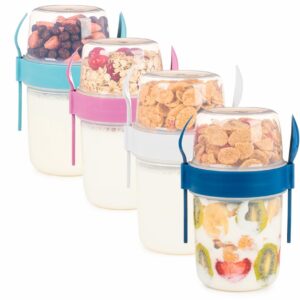 eynel 4 pack on the go 22 oz breakfast cups with lids and spoon, reusable cereal yogurt cup with topping plastic overnight oats container for granola oatmeal (22 oz - 4 pack)