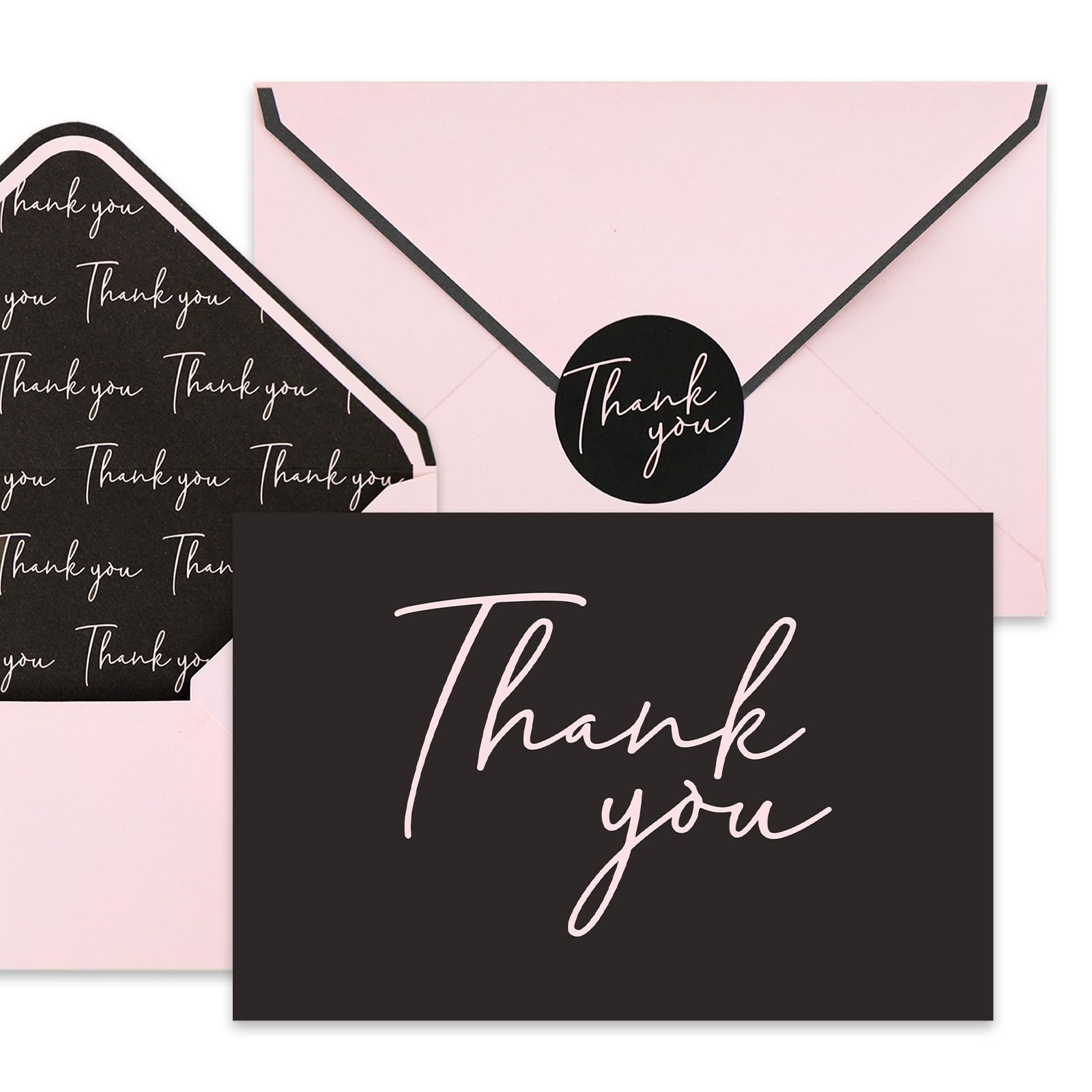 Whaline 36Pcs Thank You Cards with Envelopes and Stickers Pink Black Greeting Cards Blank Note Cards for Weddings Bridal Shower Baby Shower