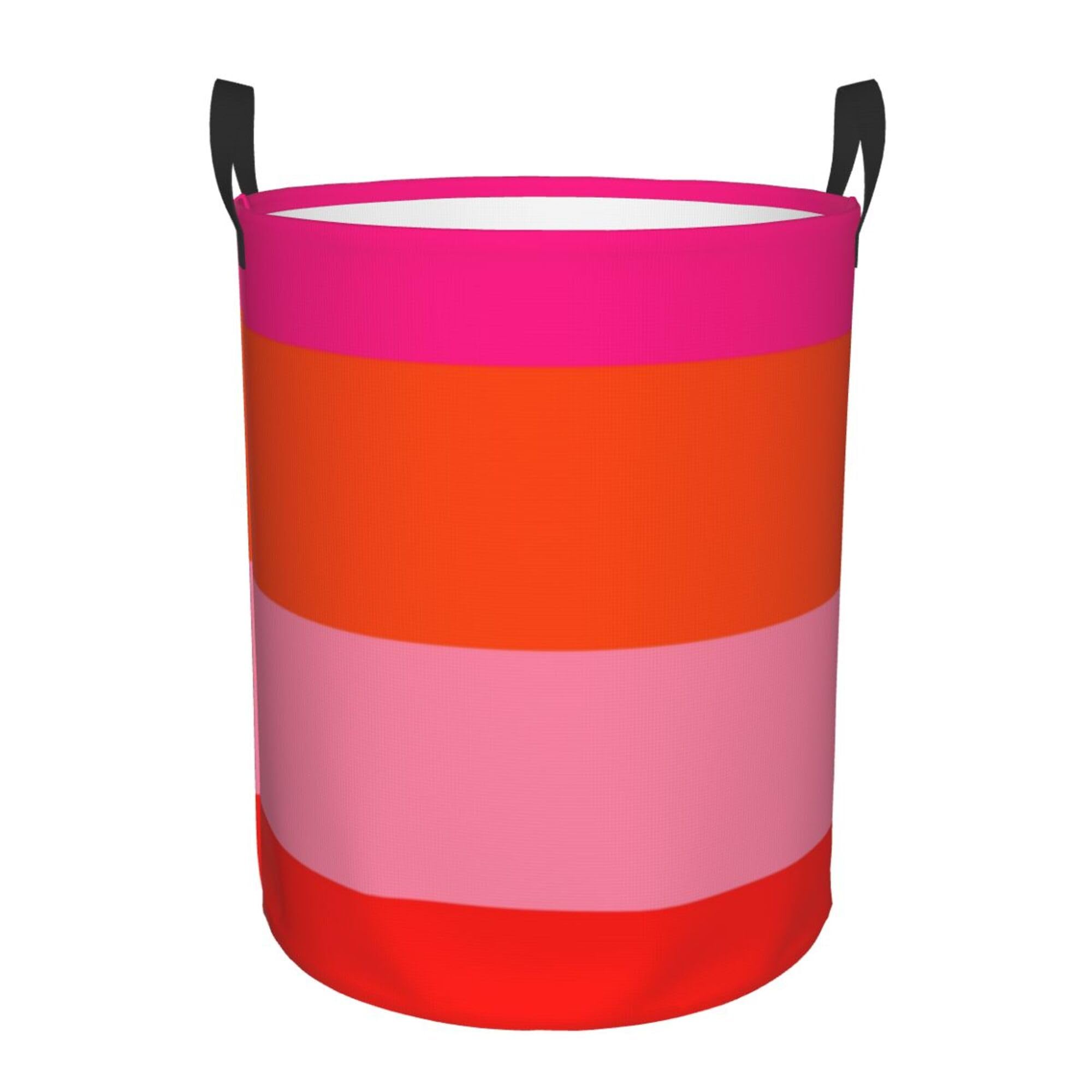 Large Laundry Basket, Dirty Clothes Hamper Toys Storage Bag Hot Pink and Bright Orange Stripes Waterproof Foldable Washing Bin for College Dorms 15.7" x 19.6"