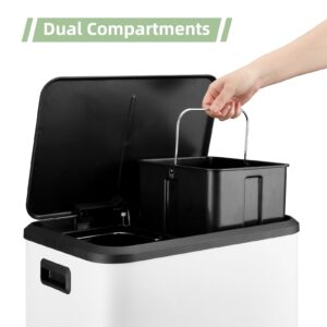 WELYFE 30 L/8 Gallon Trash Can, Rectangular Dual Compartment Recycling Step Bin, Stainless Steel Kitchen Trash Can, Removable Inner Box, Suitable for Kitchen, Office - White