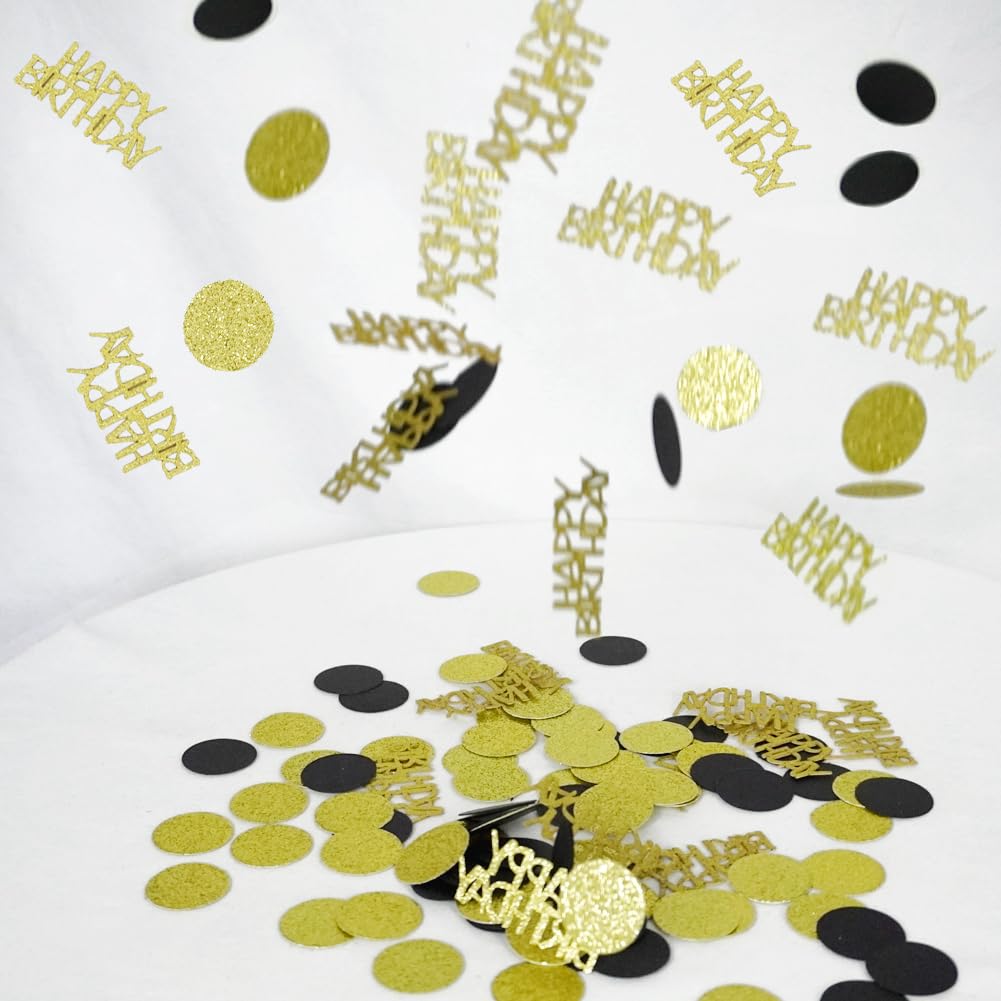 Happy Birthday Confetti, Glitter Gold and Black Birthday Table Scatter Confetti, Polka Dot, Circle Dots Paper Confetti, Birthday Party Decorations for Table Bed Balloon (100 PCS)