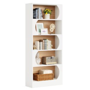 tribesigns 5-tier book shelf, modern 71" bookcase, tall freestanding bookshelf with storage shelves, large open bookcases wood display shelving unit for bedroom living room office (white and walnut)