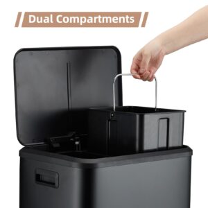 WELYFE 30 L/8 Gallon Trash Can, Rectangular Dual Compartment Recycling Step Bin, Stainless Steel Kitchen Trash Can, Removable Inner Box, Suitable for Kitchen, Office - Black