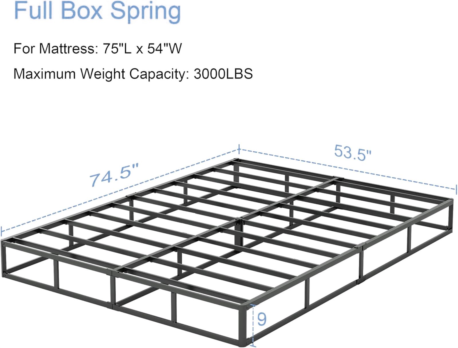 Box Springs 9 Inch Full Box Spring Bed Base with Round Corner Edges, Metal Platform Mattress Foundation with Heavy Duty Steel Slat Support,Easy Assembly Noise-Free