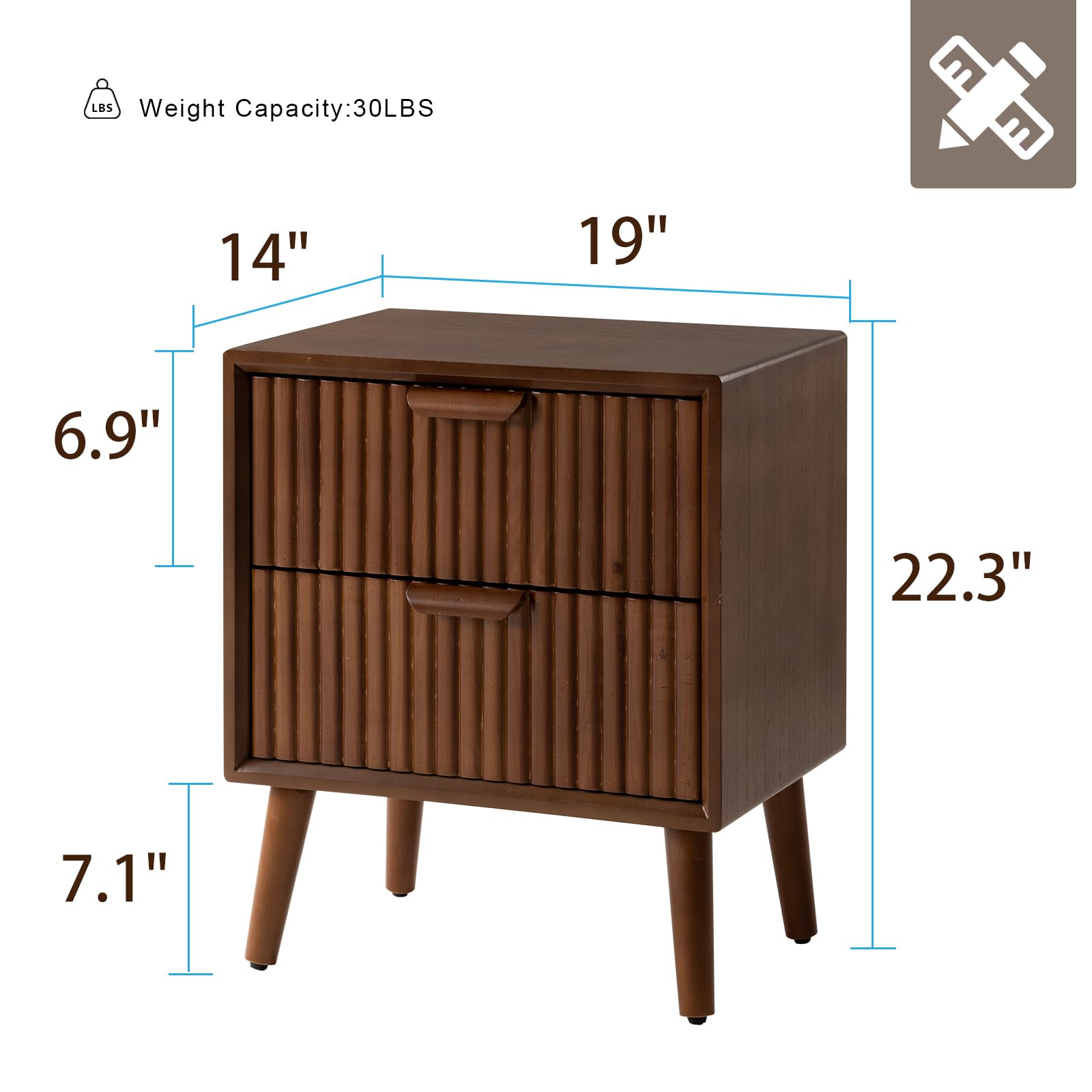 HOMPUS Modern End Table, Nightstand w 2 Storage Drawers, Night Stand w Walnut Wood Grain Finish, Small Chest of Drawer, Cabinet w 2 Drawers for Bedroom, Living Room