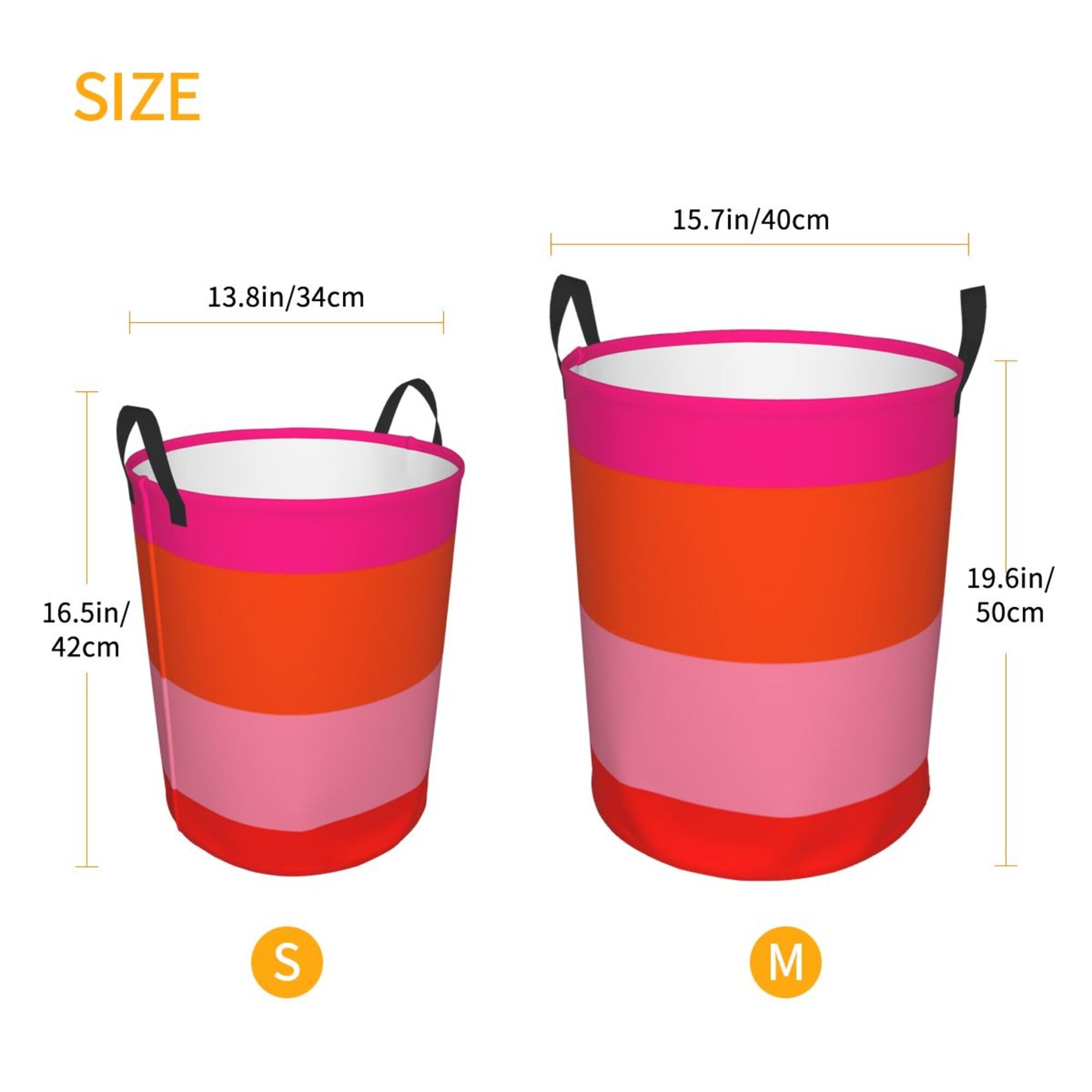 Large Laundry Basket, Dirty Clothes Hamper Toys Storage Bag Hot Pink and Bright Orange Stripes Waterproof Foldable Washing Bin for College Dorms 15.7" x 19.6"