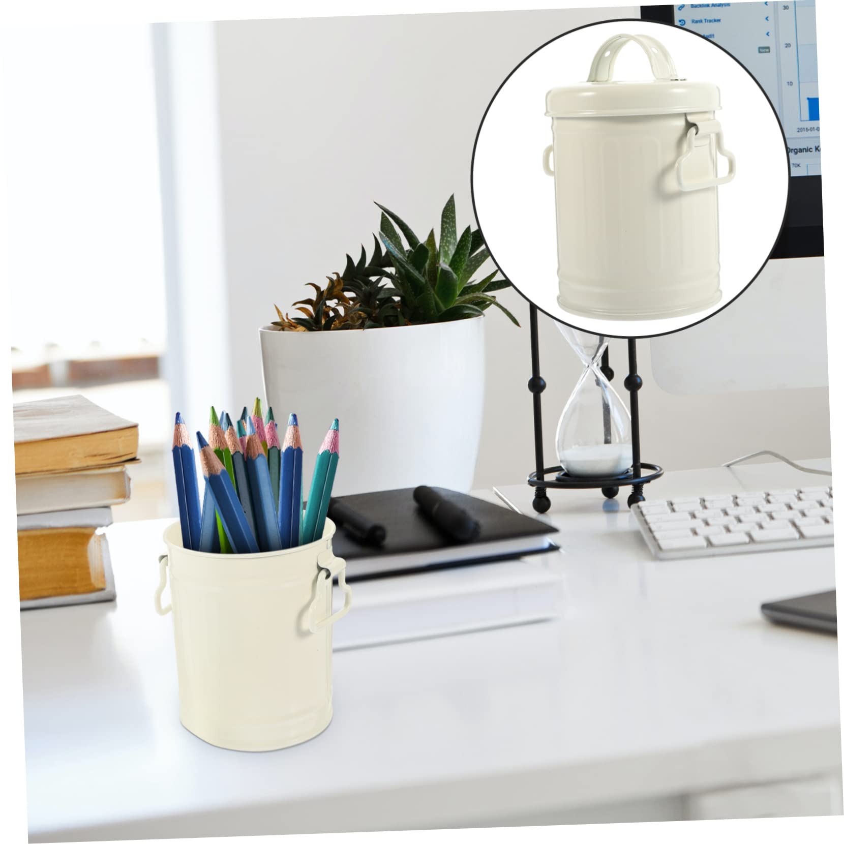 KOMBIUDA Desktop Trash Can Desktop Wastebasket Counter Garbage Bin Trash Container Mini Dumpster Car Trash Can Bags Tabletop Trash Can Iron Pencil Office Storage Barrel White