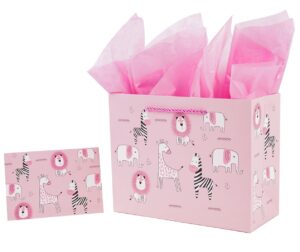 lyforpyton medium gift bags with tissue paper 9" pink zoo gift bags for kids girls birthday party, new parents, baby shower