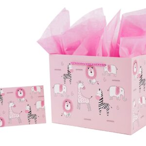 Lyforpyton Medium Gift Bags with Tissue Paper 9" Pink Zoo Gift Bags for Kids Girls Birthday Party, New Parents, Baby Shower