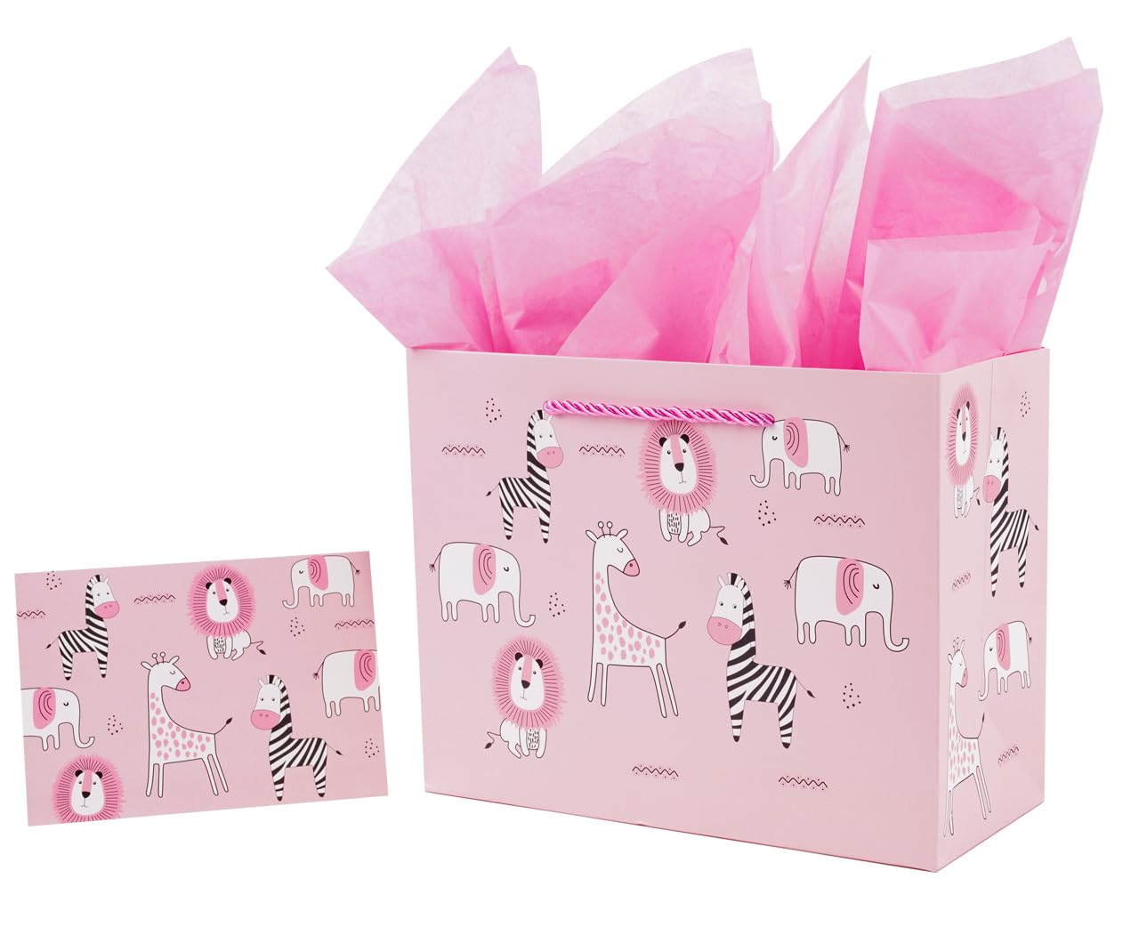 Lyforpyton Medium Gift Bags with Tissue Paper 9" Pink Zoo Gift Bags for Kids Girls Birthday Party, New Parents, Baby Shower