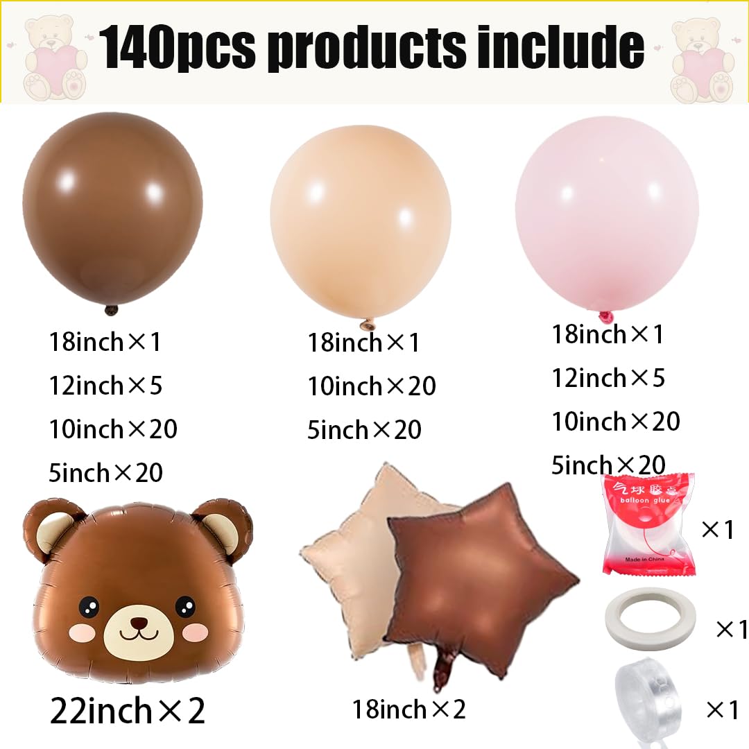 Bear Balloon Garland Arch Kit 140pcs Brown Pink Balloons with Bear Foil Woodland Animal Balloons for We Can Bearly Waits Bear Theme Birthday Baby Shower Party Supplies