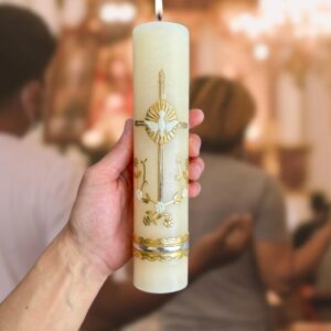 San Rafael Arcangel Holy Spirit Candle with Cross for Wedding or Other Sacraments White Candle Holy Ghost Design Vela Catolica para Boda Del Espiritu Santo 8 inch