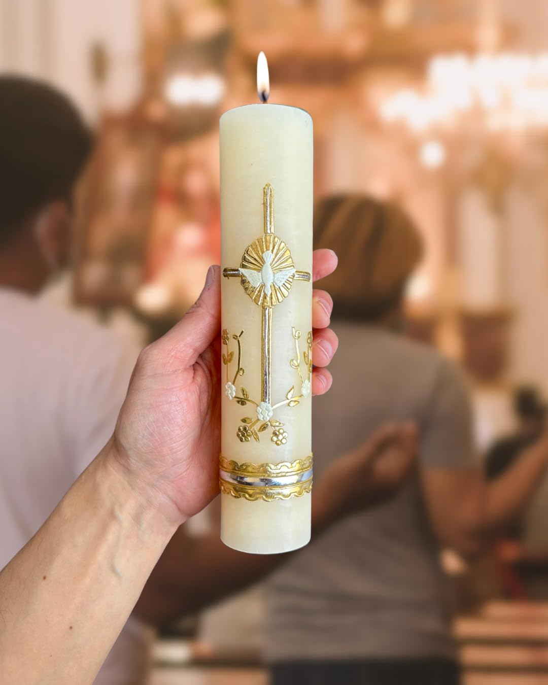 San Rafael Arcangel Holy Spirit Candle with Cross for Wedding or Other Sacraments White Candle Holy Ghost Design Vela Catolica para Boda Del Espiritu Santo 8 inch