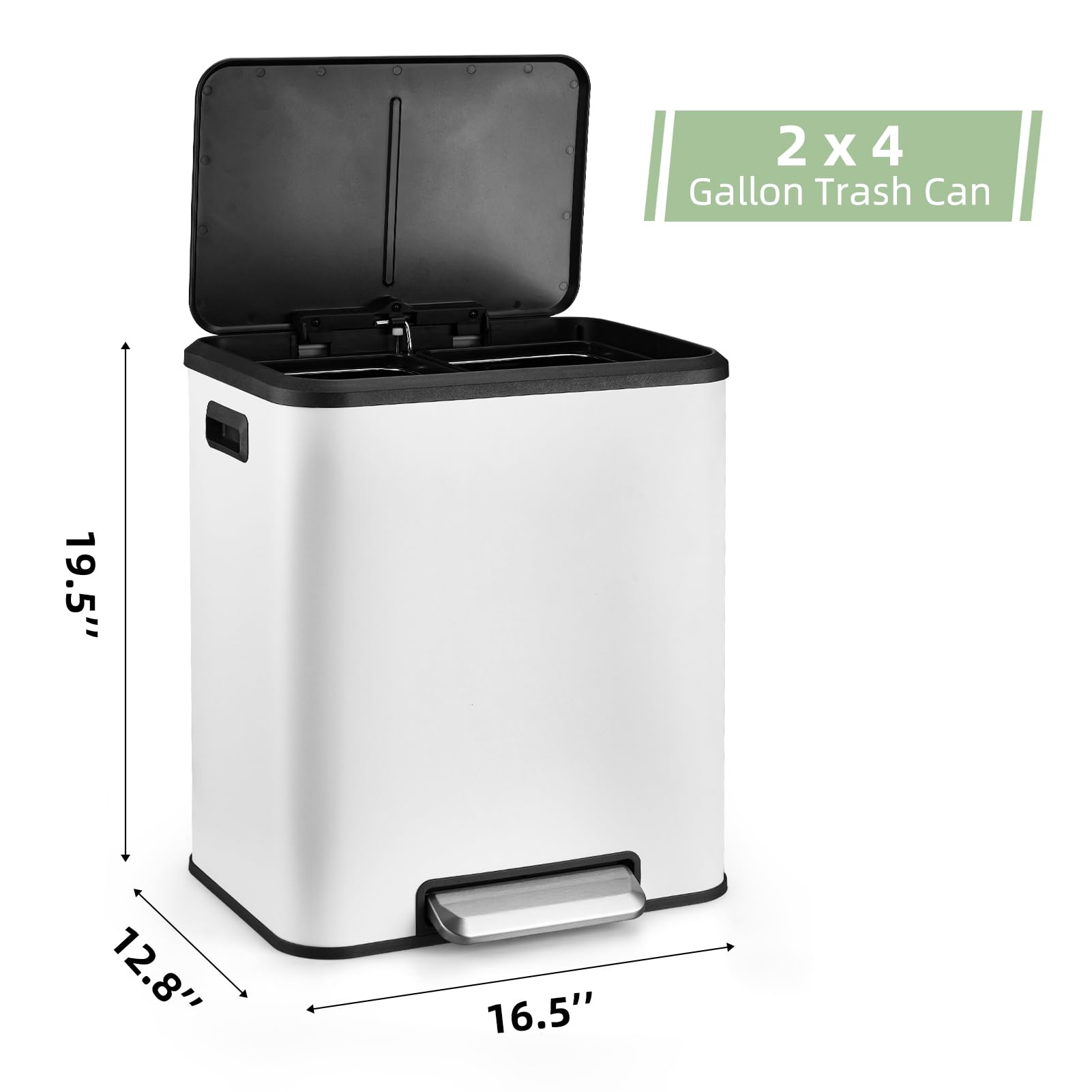 WELYFE 30 L/8 Gallon Trash Can, Rectangular Dual Compartment Recycling Step Bin, Stainless Steel Kitchen Trash Can, Removable Inner Box, Suitable for Kitchen, Office - White