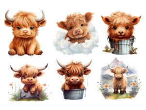 6 piece 8"x8" cute baby highland cows 100% cotton fabric panel squares - quilting panel blocks