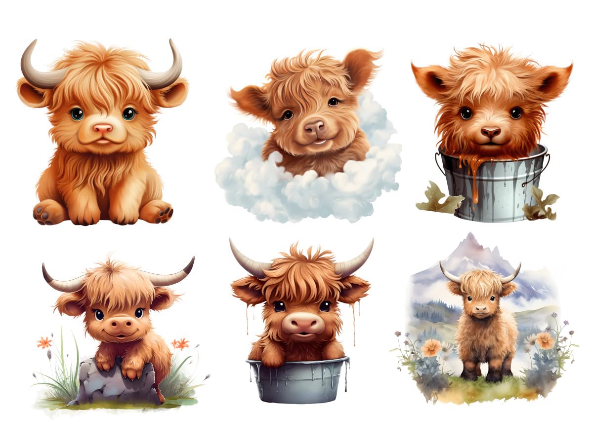 6 Piece 8"x8" Cute Baby Highland Cows 100% Cotton Fabric Panel Squares - Quilting Panel Blocks