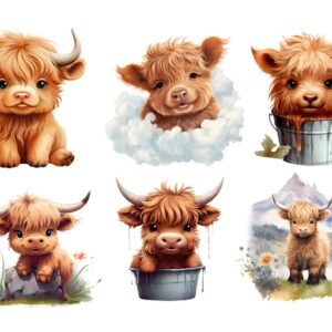 6 Piece 6"x6" Cute Baby Highland Cows 100% Cotton Fabric Panel Squares - Quilting Panel Blocks