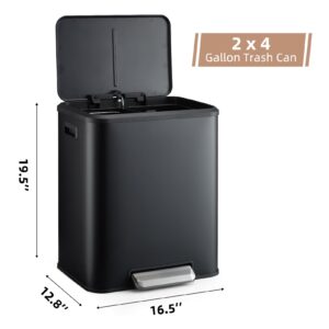 WELYFE 30 L/8 Gallon Trash Can, Rectangular Dual Compartment Recycling Step Bin, Stainless Steel Kitchen Trash Can, Removable Inner Box, Suitable for Kitchen, Office - Black