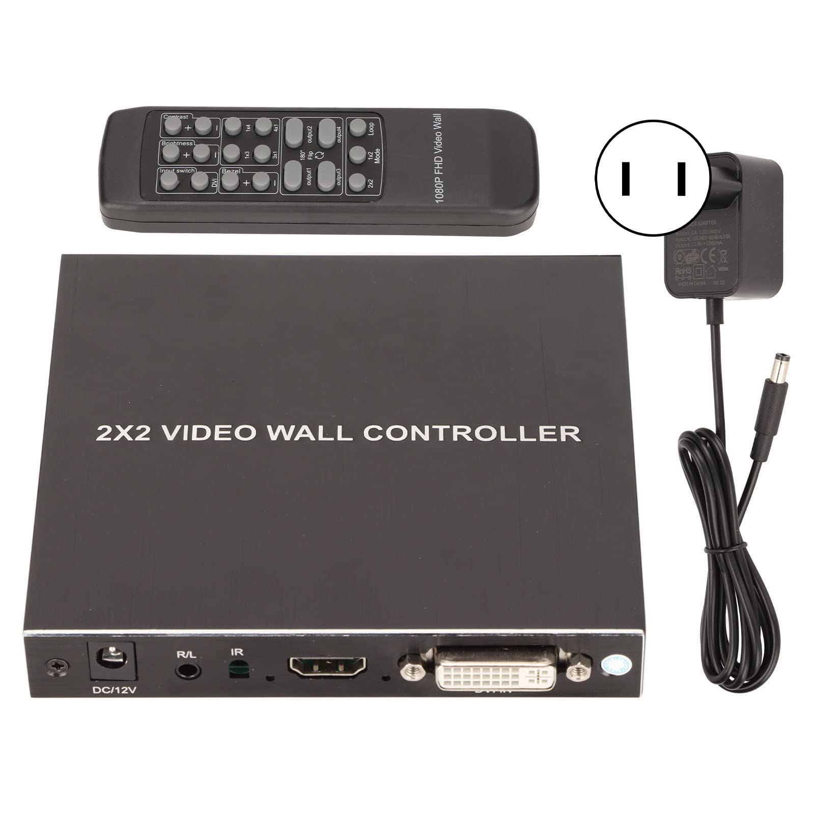 Ejoyous Video Wall Controller, 4 Channel DVI TV Wall Controller 180 Degree Rotating HD Multimedia Interface Splicing Display Processor with IR Remote Control (US Plug)