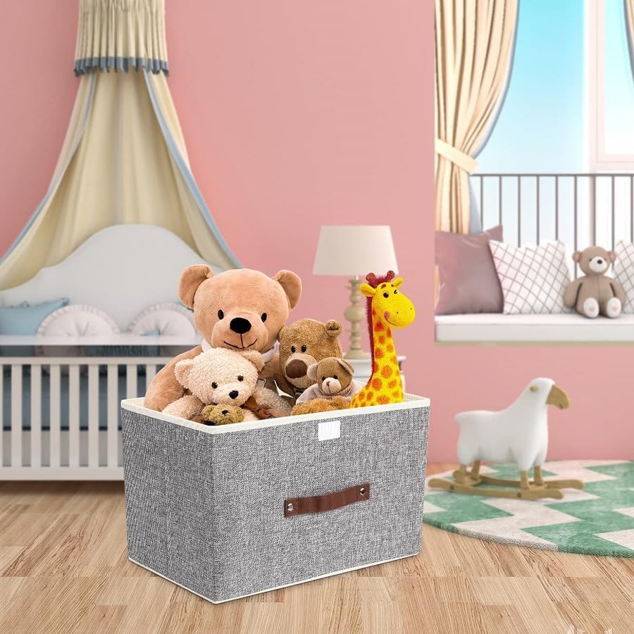 Calonge Storage Bin with Lid Storage Boxes with PU Leather Handles Decorative Foldable Lidded Cotton Linen Fabric Home Container with Flip-Top Lid & Handles, Clothes Blanket Box