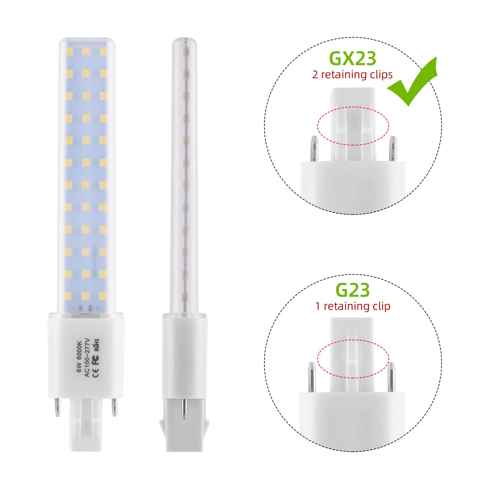 Lidesheng GX23 LED Light Bulb Plug and Play Replacement 13W CFL LED Stick PL Bulb GX23-2 Pin Base,360° Beam Angle, Cool White 6000K, Driven by 100-277V and CFL Ballast, 2 Pack (Cool White, GX23 6W)