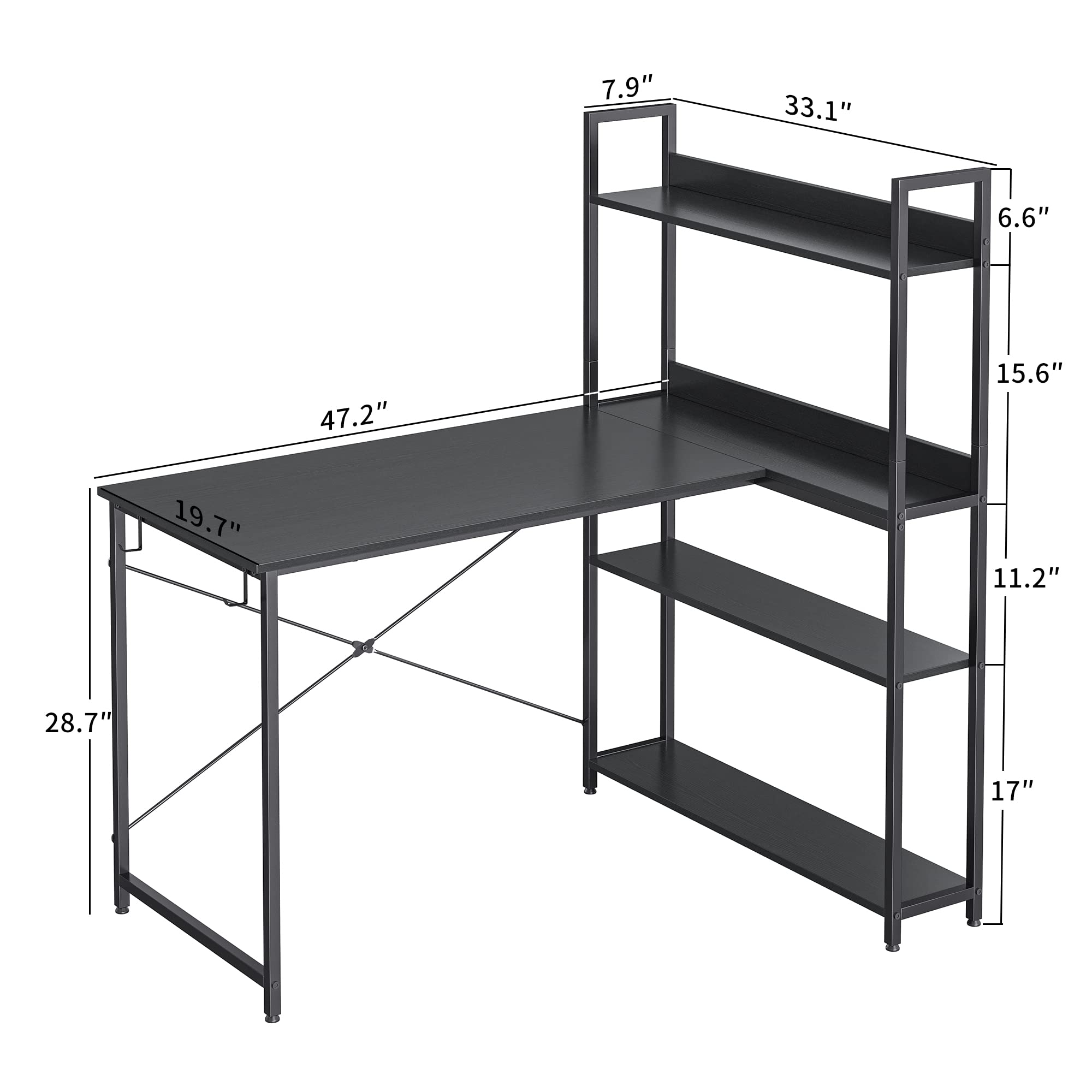 CubiCubi Computer Corner Desk with Storage Shelves, 47 Inch Reversible Small L Shaped Computer Desk, Home Office Writing Desk with 2 Hooks, Black