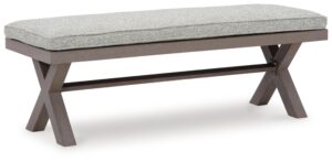 signature design by ashley hillside barn casual 54" outdoor dining bench with cushion, light brown & light gray