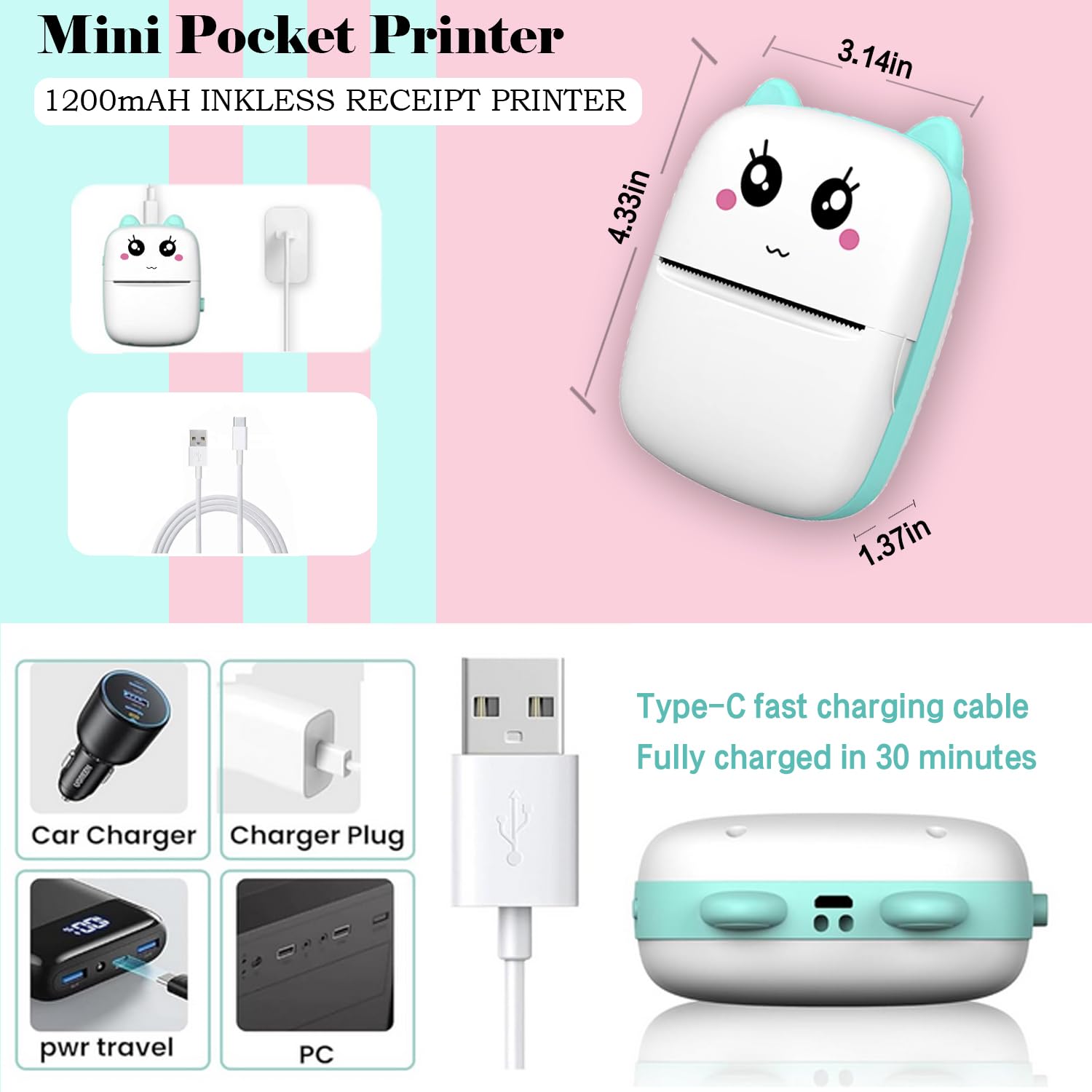 Mini Pocket Printer with 11 rolls of paper, portable thermal printer, Bluetooth portable printer, for learning notes, photos, DIY, travel, iOS iPhone and Android, Children's birthday gifts (Blue)