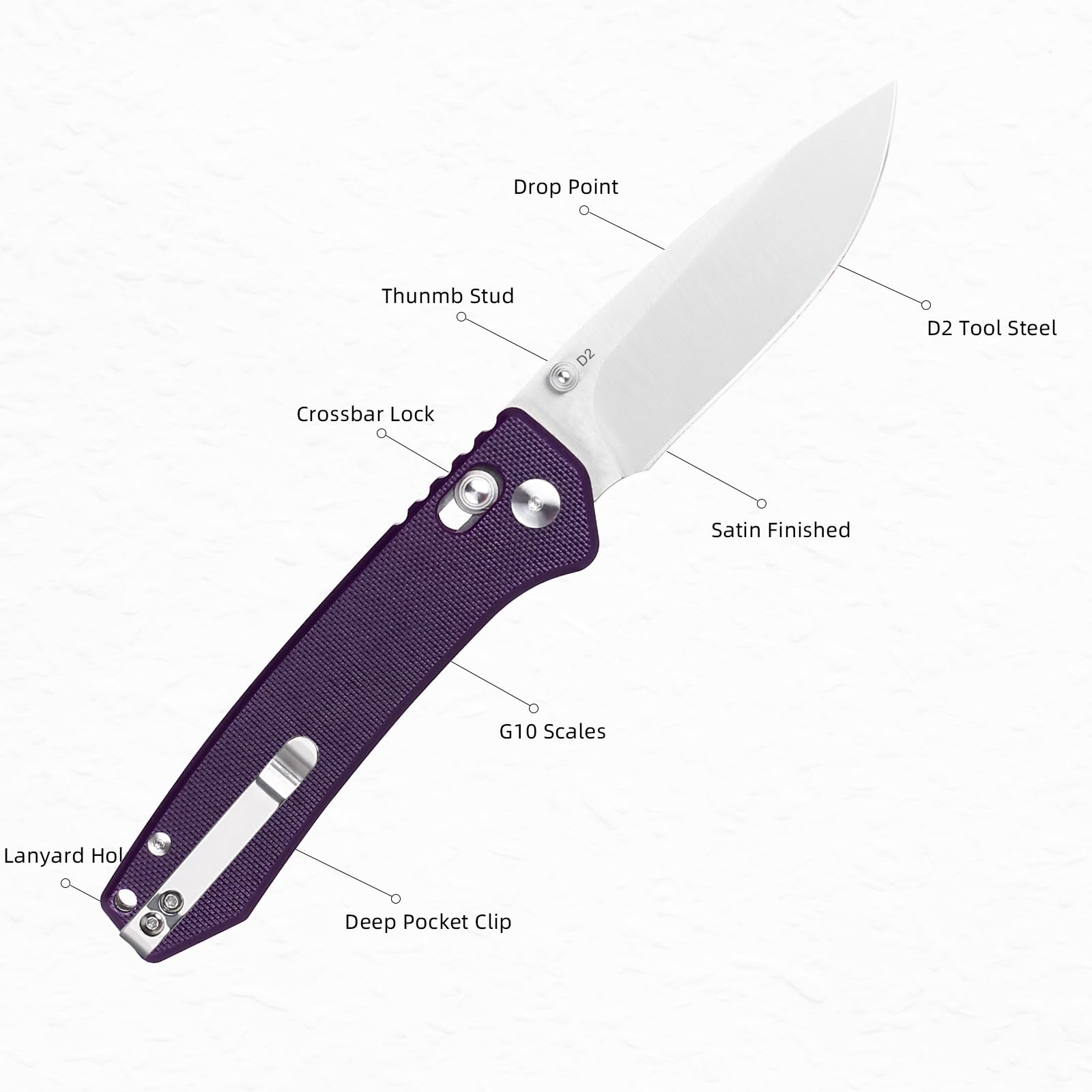 EMHTiii Pocket Folding EDC Knife: 3.14" D2 Steel Satin Sharp Blade, G10 Scales, Crossbar Axis Lock, Reversible Clip, Great Gifts for Men Women Camping Hiking Outdoor, Purple