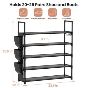 VILICK 5 Tier Shoe Rack with Hook and Side Pocket,Shoe Organizer Space Saver Storage for 20-25 Pair Shoe Storage Shelf Sturdy Free Standing Long Shoe Rack Organizer for Closet,Entryway,Small Spaces