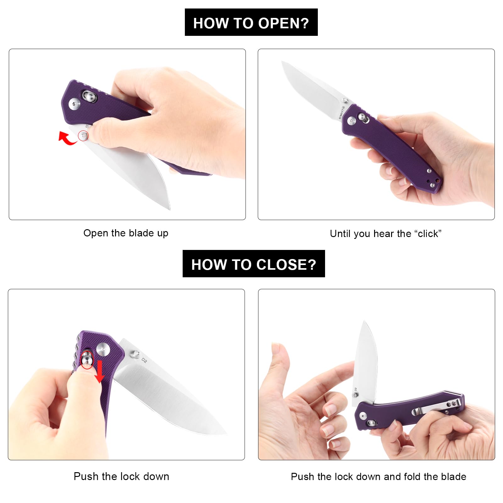 EMHTiii Pocket Folding EDC Knife: 3.14" D2 Steel Satin Sharp Blade, G10 Scales, Crossbar Axis Lock, Reversible Clip, Great Gifts for Men Women Camping Hiking Outdoor, Purple