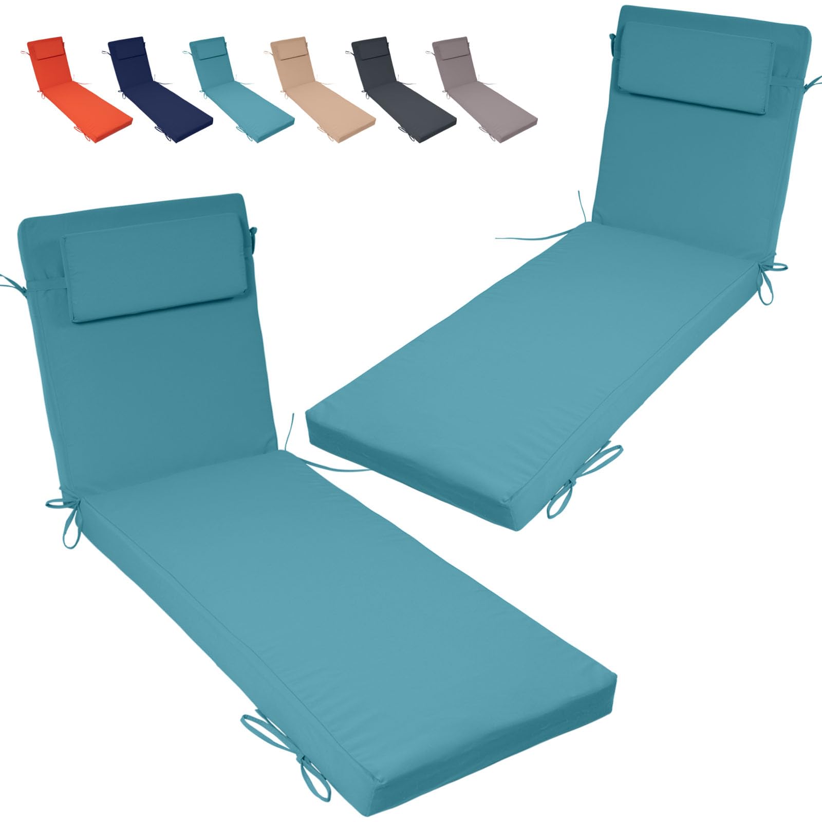 Odsiikly 2 Pack Chaise Lounge Cushions with Ties and Pillow, 72 X 21 X 3.1IN, Reversible, Water-Resistant, Outdoor Foam Patio Lounge Chair Cushion, Patio Furniture Cushions for Lawn, Pool, Teal