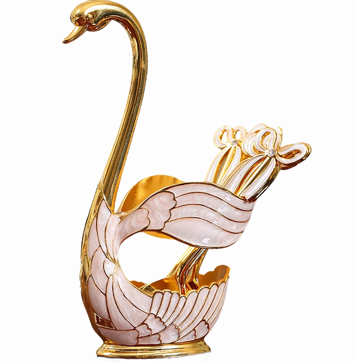 Decorative Gold Swan Base Holder with 6pcs Coffee Spoon Set - Creative Dessert Spoons,Gold