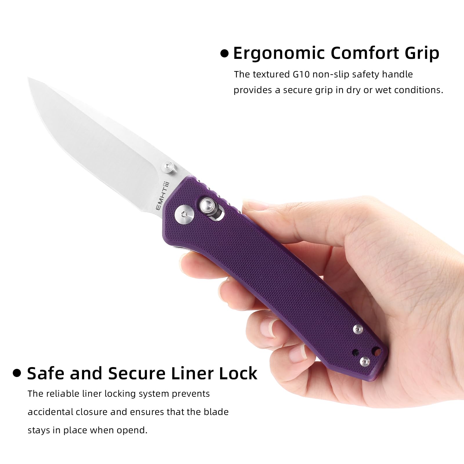 EMHTiii Pocket Folding EDC Knife: 3.14" D2 Steel Satin Sharp Blade, G10 Scales, Crossbar Axis Lock, Reversible Clip, Great Gifts for Men Women Camping Hiking Outdoor, Purple