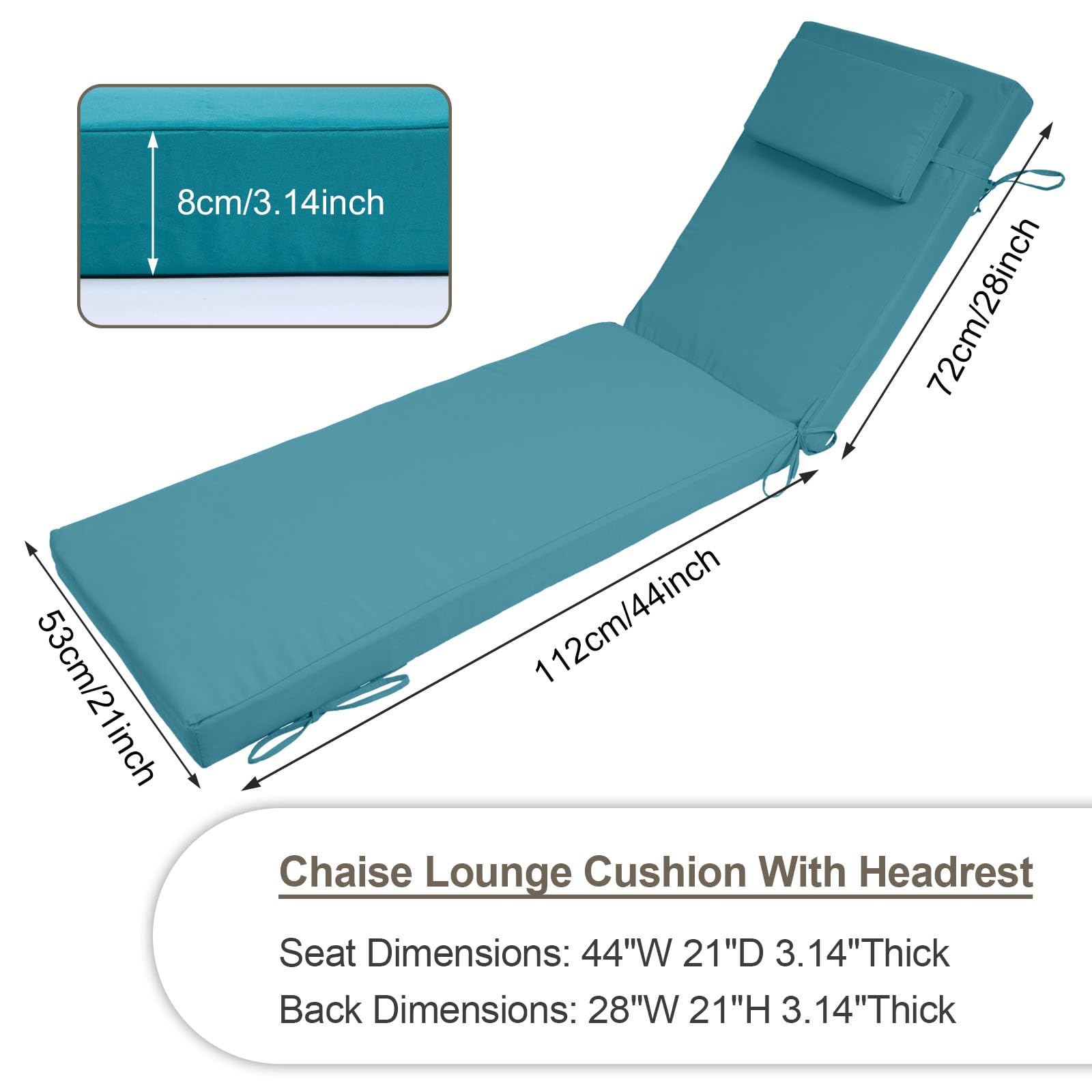 Odsiikly 2 Pack Chaise Lounge Cushions with Ties and Pillow, 72 X 21 X 3.1IN, Reversible, Water-Resistant, Outdoor Foam Patio Lounge Chair Cushion, Patio Furniture Cushions for Lawn, Pool, Teal