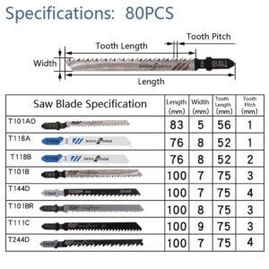 Jigsaw Blades Set, 80 Piece T Shank Jig Saw Blades Set for Wood Plastic Metal Cutting Fit for HCS/HSS Replacement Jig Saw Blade