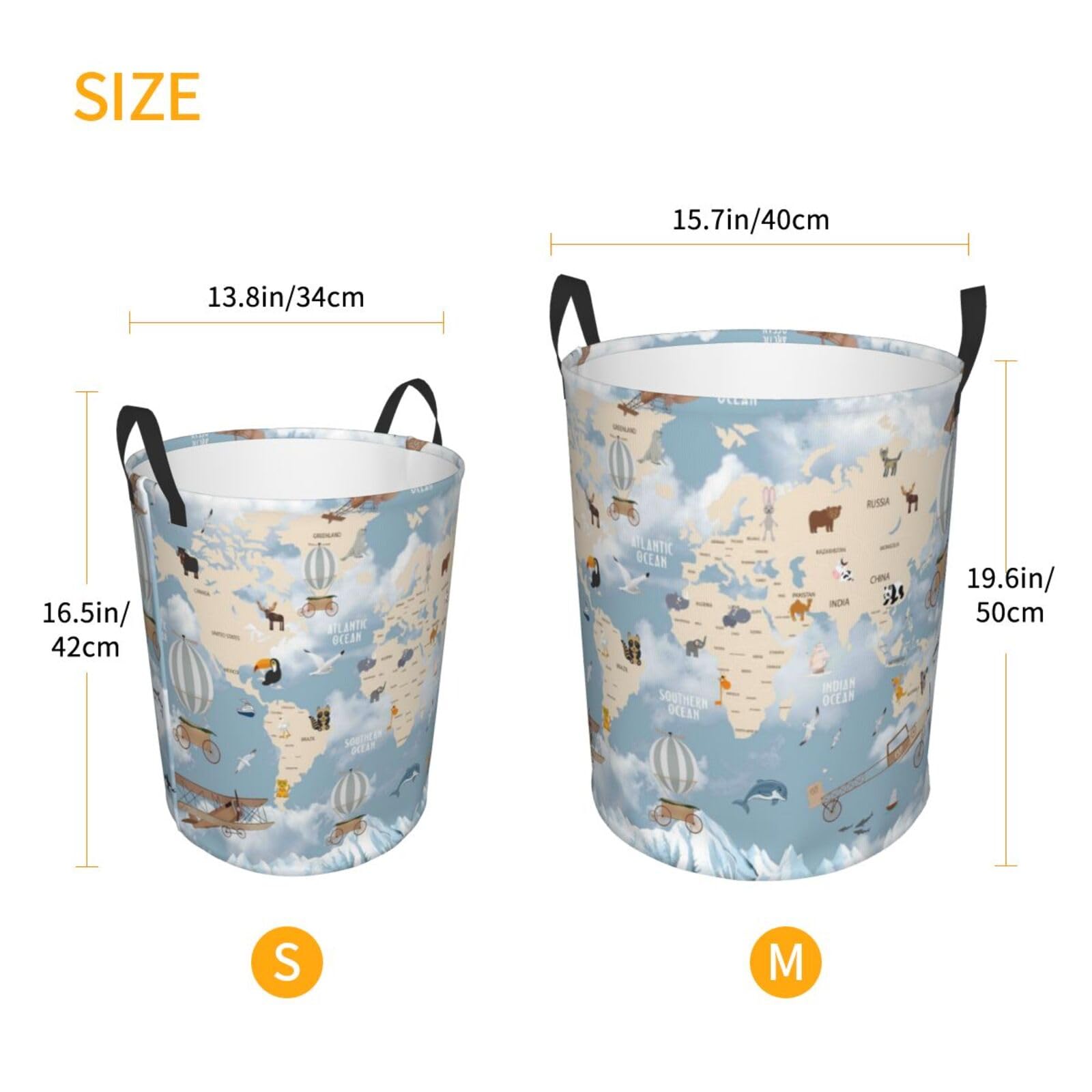 Pevtufa Animals Travel World Map Foldable Laundry Basket Organizer,Fabric Clothes Toy Storage Basket Nursery Hamper Storage Bin For Household Bedroom, Bathroom, College Dorm-Small