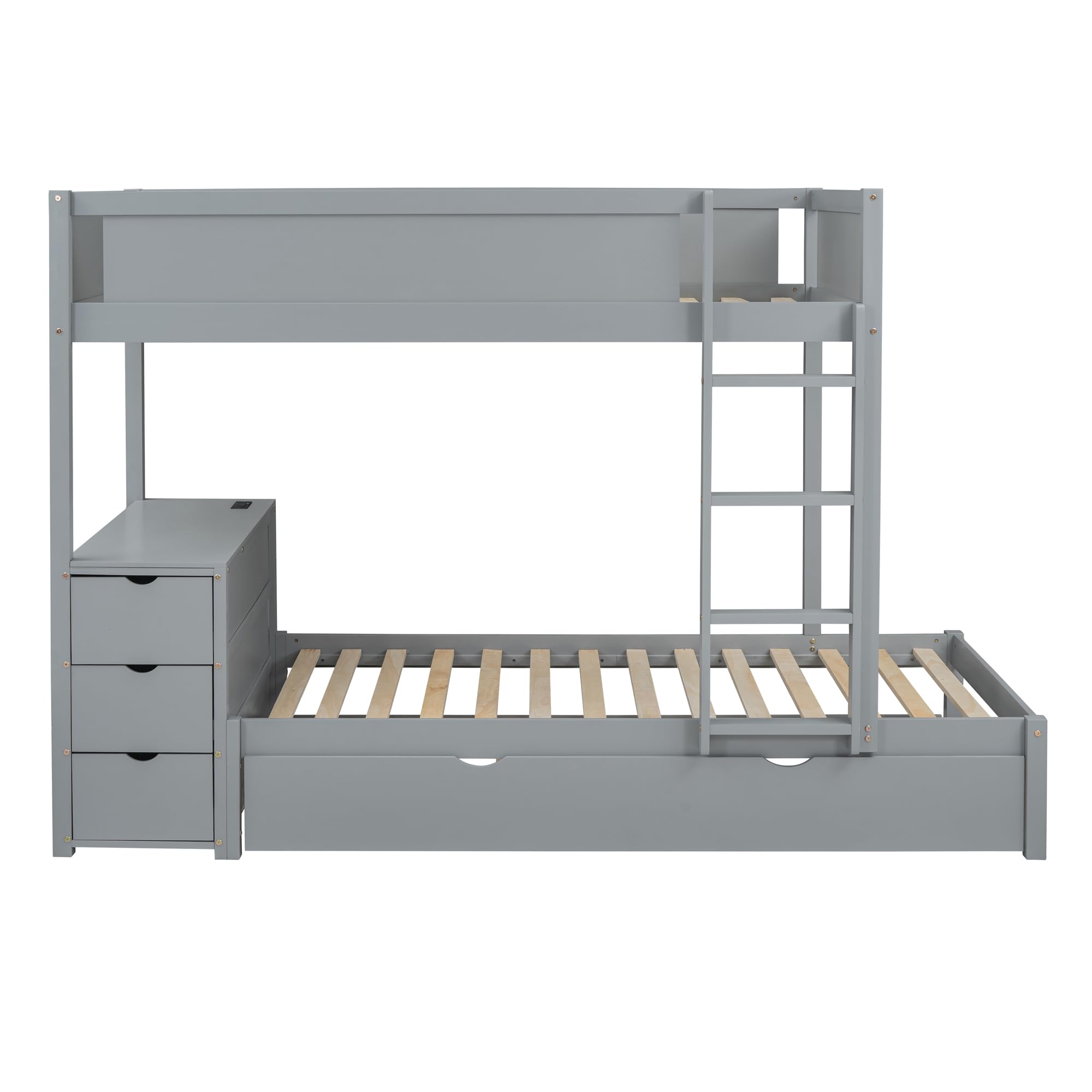 CITYLIGHT Twin Over Twin Bunk Beds with Desk and Storage Drawers, Wood Bunk Beds with Trundle, Twin Bunk Bed with Charging Station for Kids Teens, Girls Boys, Grey