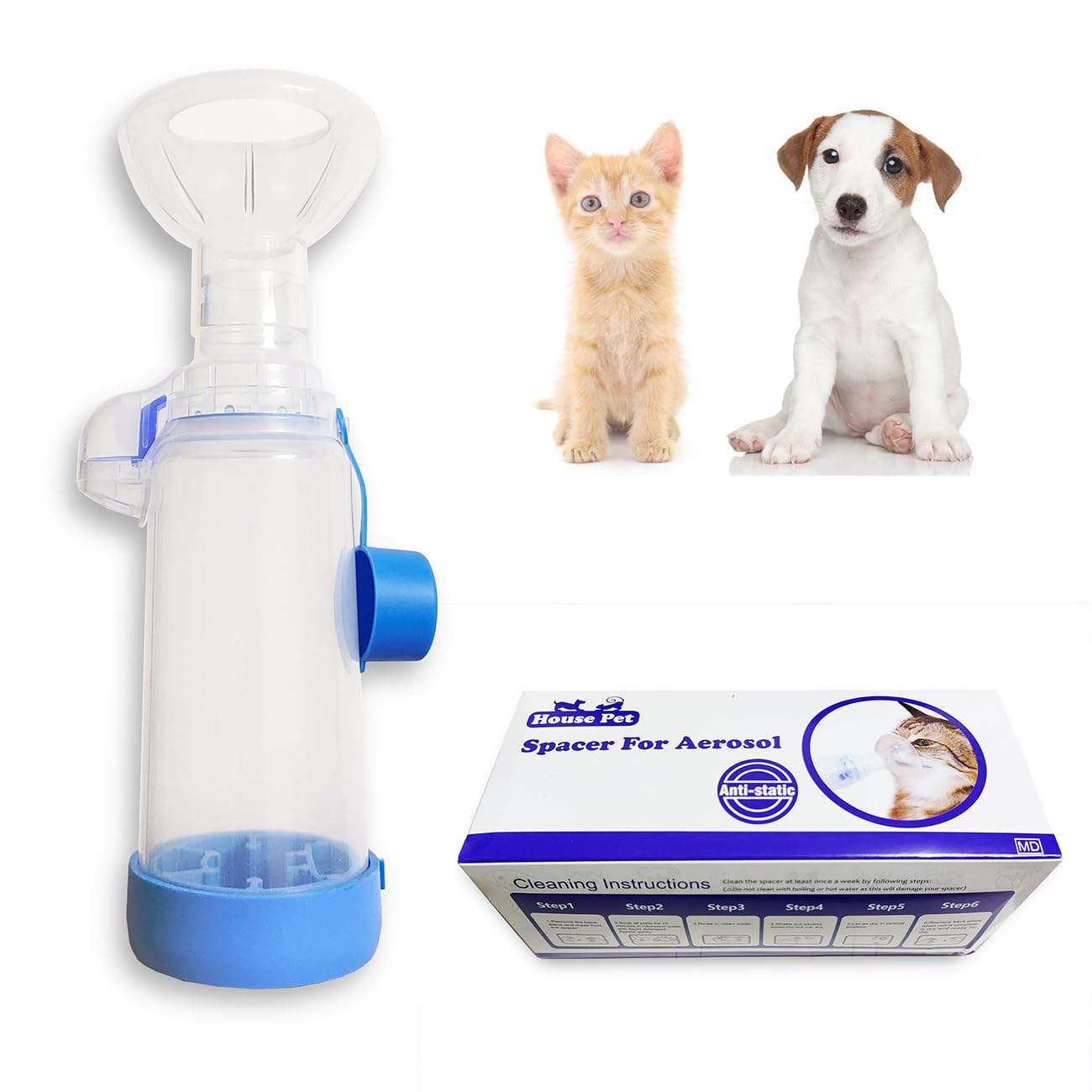 QMARK Inhaler Spacer with 2 Masks for Pets Cat and Small Dog Inhaler Spacer for MDI,with Round Shape Silicone Mask, Feline Aerosol Chamber with Breathing Indicator