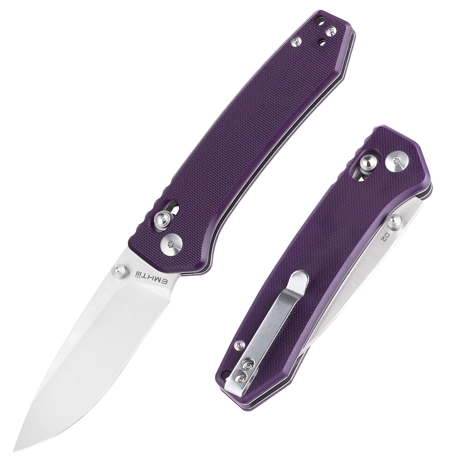 EMHTiii Pocket Folding EDC Knife: 3.14" D2 Steel Satin Sharp Blade, G10 Scales, Crossbar Axis Lock, Reversible Clip, Great Gifts for Men Women Camping Hiking Outdoor, Purple