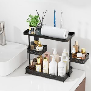 3-Tier Bathroom Counter Organizer, Upgrade Large Vanity Countertop Organizer with 360 Rotating Basket, Bathroom Sink Standing Perfume Cosmetic Makeup Storage Shelf, Kitchen Spice Rack (Black)