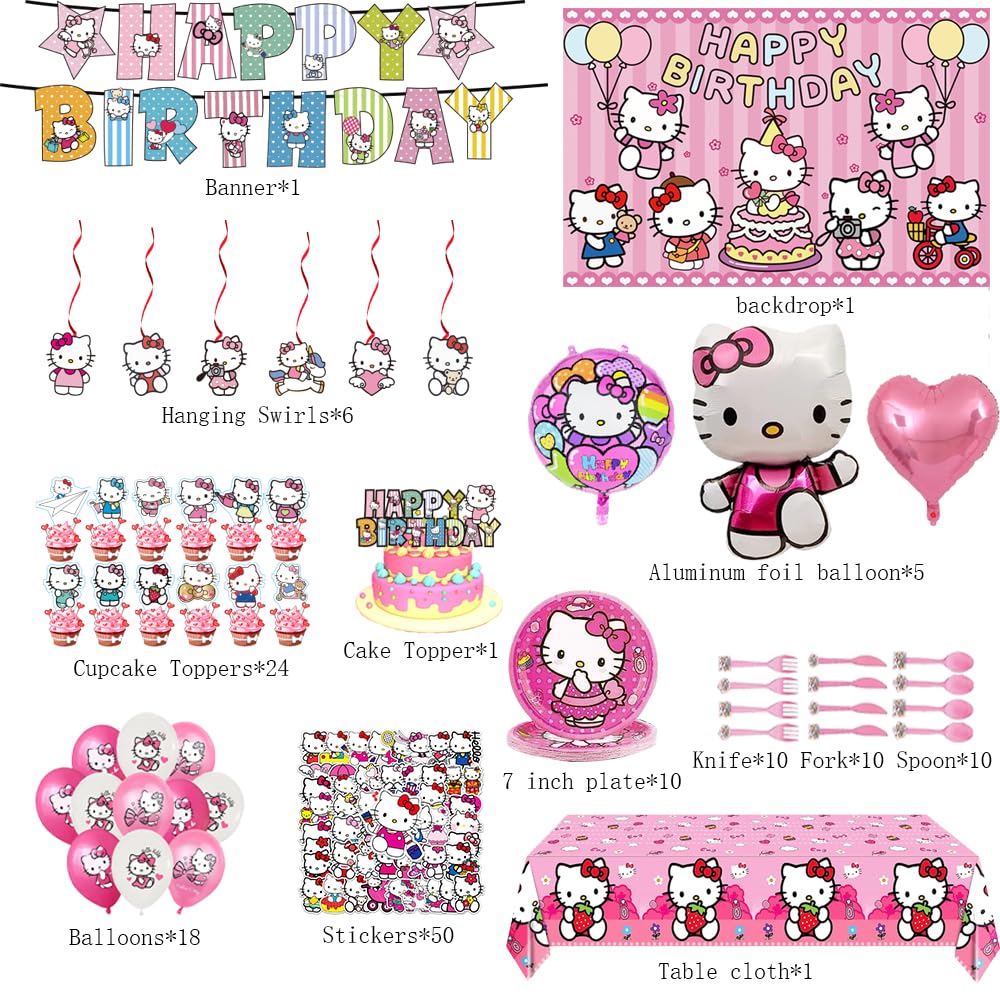 147Pcs Cartoon Cat Theme Party Supplies For Girls,Birthday Party Decorations,Includes banners, spirals, backdrops, tablecloths, plates, knives, forks and spoons, stickers, foil balloons, cake toppers