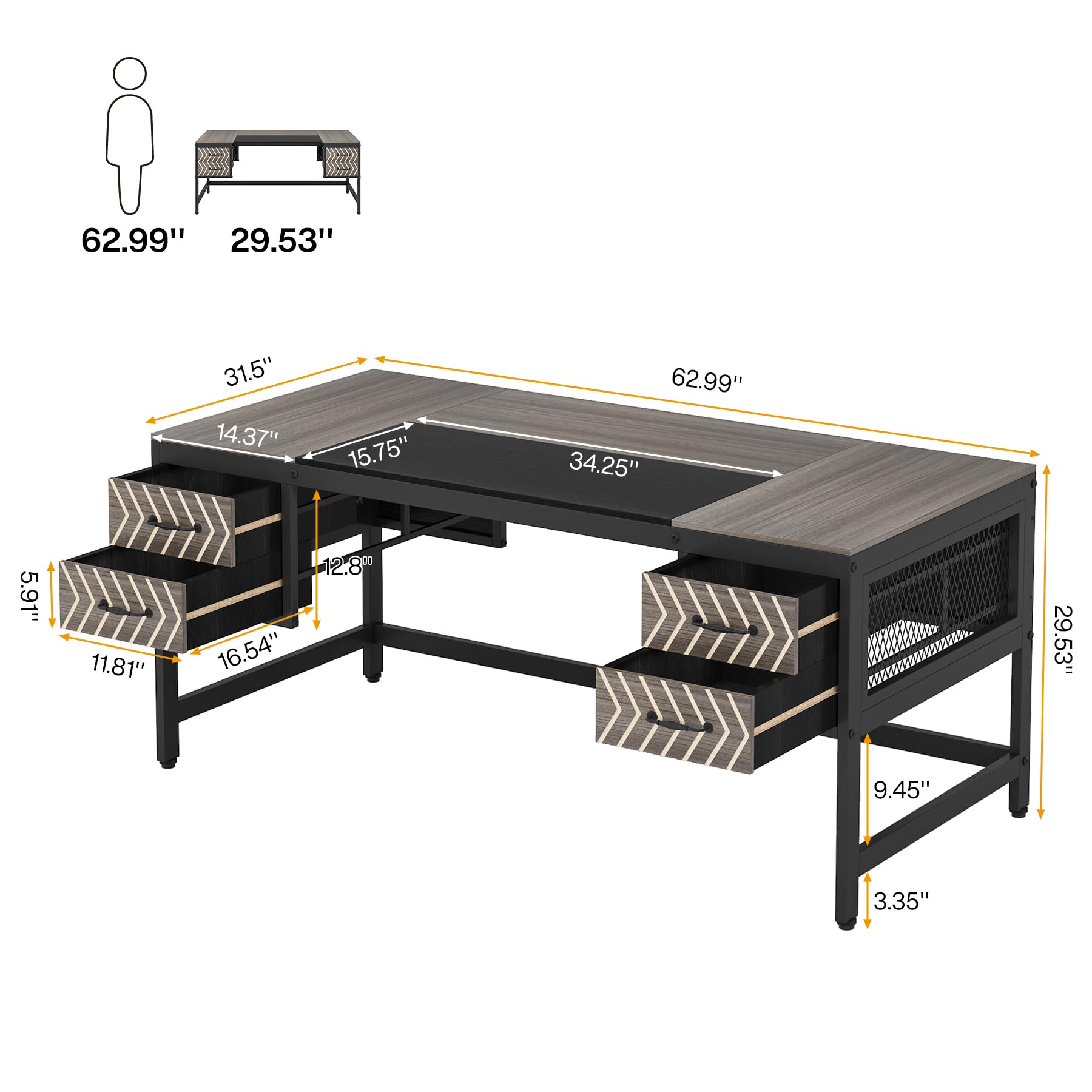 Tribesigns Home Office Desk with Drawers: 63" Computer Executive Desk with 4 Storage Drawers, Wood Farmhouse Study Writing Table, Herringbone Business Furniture for Home Office