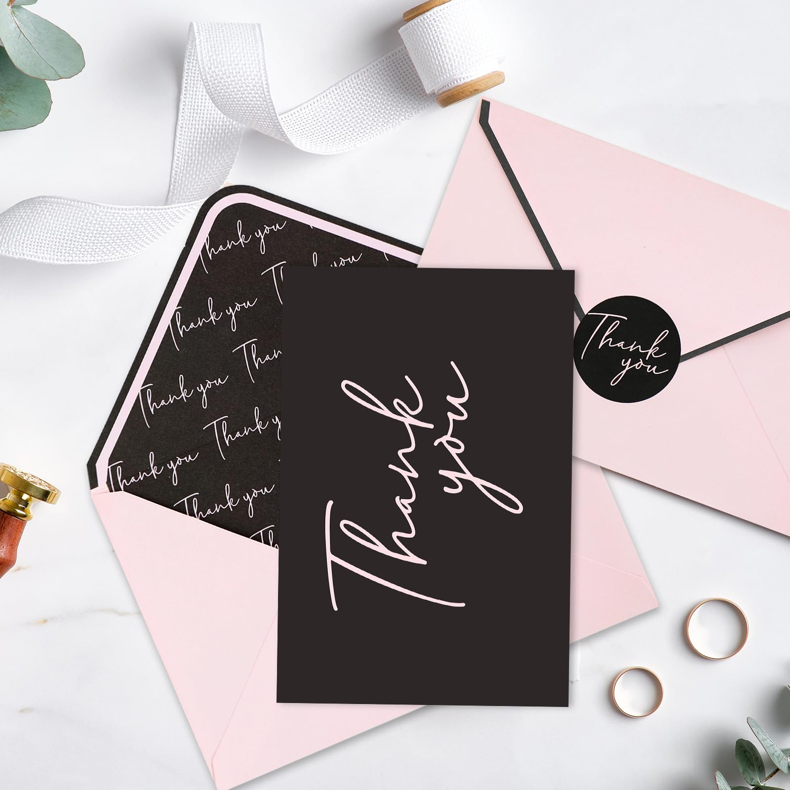 Whaline 36Pcs Thank You Cards with Envelopes and Stickers Pink Black Greeting Cards Blank Note Cards for Weddings Bridal Shower Baby Shower