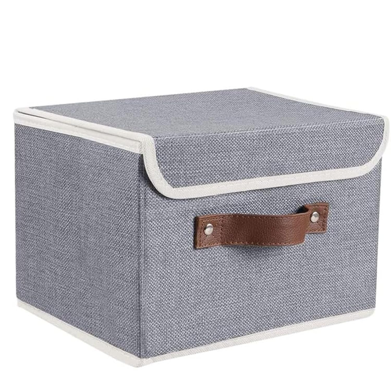 Calonge Storage Bin with Lid Storage Boxes with PU Leather Handles Decorative Foldable Lidded Cotton Linen Fabric Home Container with Flip-Top Lid & Handles, Clothes Blanket Box